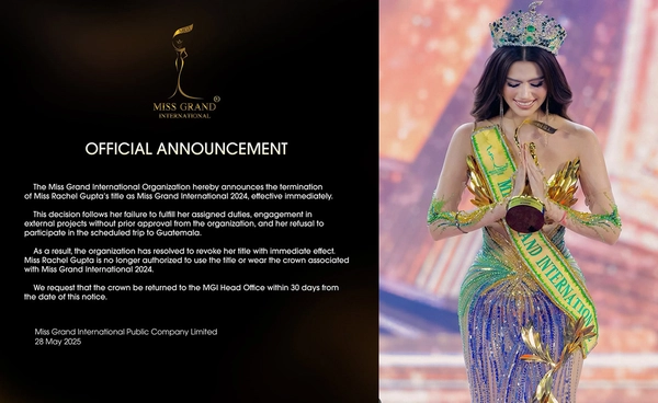 ปลดฟ้าผ่า "ราเชล คุปตะ" จากตำแหน่งมิสแกรนด์อินเตอร์เนชั่นแนล 2024 
