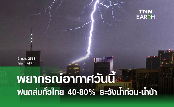 พยากรณ์อากาศวันนี้ 2 กรกฎาคม 2568 ฝนคะนองทั่วไทย 40-80% ระวังน้ำท่วม