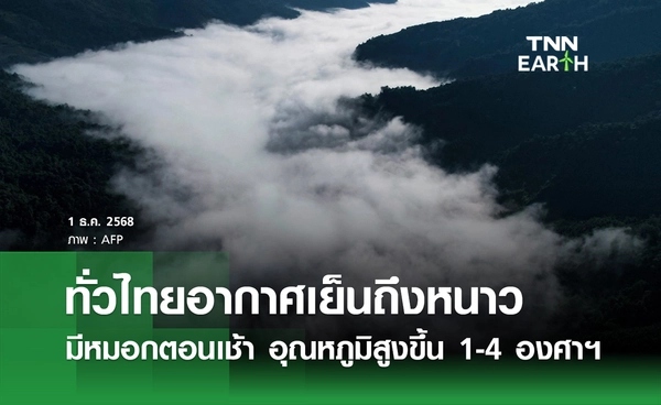 พยากรณ์อากาศวันนี้ 1 ธันวาคม 2568 ทั่วไทยอากาศเย็นถึงหนาว อุณหภูมิสูงขึ้น 1-4 องศาฯ