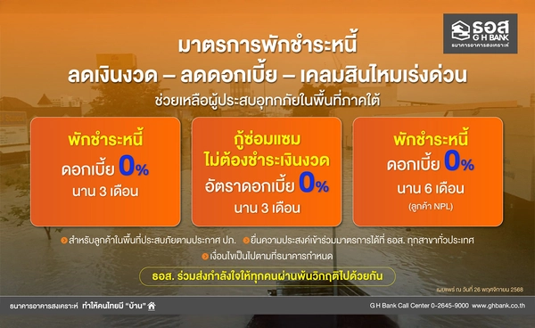 ธอส. พักชำระหนี้ - ลดเงินงวด – ลดดอกเบี้ย – เคลมสินไหมเร่งด่วน ช่วยน้ำท่วม