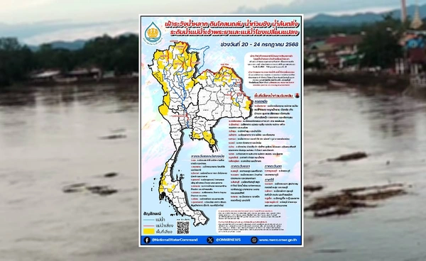 สทนช.เตือน 28 จังหวัด 20-24 ก.ค. ระวังน้ำท่วม-น้ำป่าหลาก