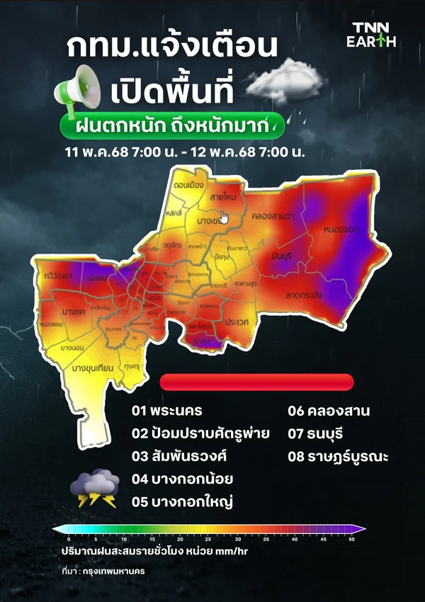 กทม.แจ้งเตือนเปิดพื้นที่ ฝนตกหนัก ถึงหนักมาก