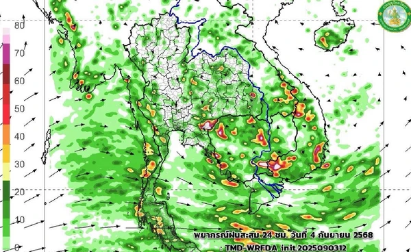 ร่องมรสุมพาดไทย 4-9 ก.ย. ฝนชุกทุกภาค ตกหนักมากที่ภาคตะวันออก