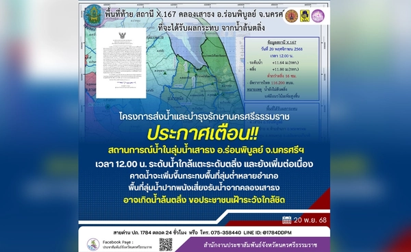 ประกาศ! ลุ่มน้ำคลองเสาธง อ.ร่อนพิบูลย์ ระดับน้ำใกล้แตะระดับตลิ่ง-เพิ่มต่อเนื่อง