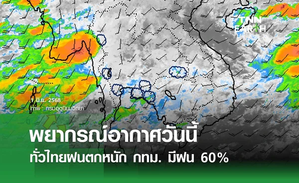 พยากรณ์อากาศวันนี้ 1 มิถุนายน 2568 เตือนทั่วไทยฝนตกหนัก กทม. มีฝน 60% ของพื้นที่ 