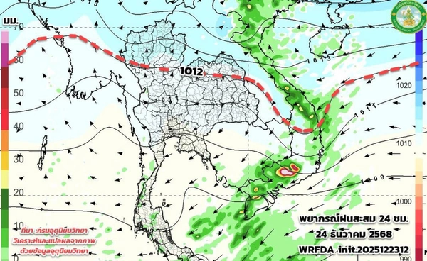 เตือนภาคใต้มรสุมแรง ระวังฝนหนักช่วง 25-29 ธ.ค. ส่วนไทยตอนบนเย็นถึงหนาว