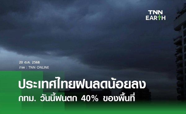 พยากรณ์อากาศวันนี้ 20 ตุลาคม 2568 ประเทศไทยฝนน้อยลง กทม. ฝนตก 40% ของพื้นที่