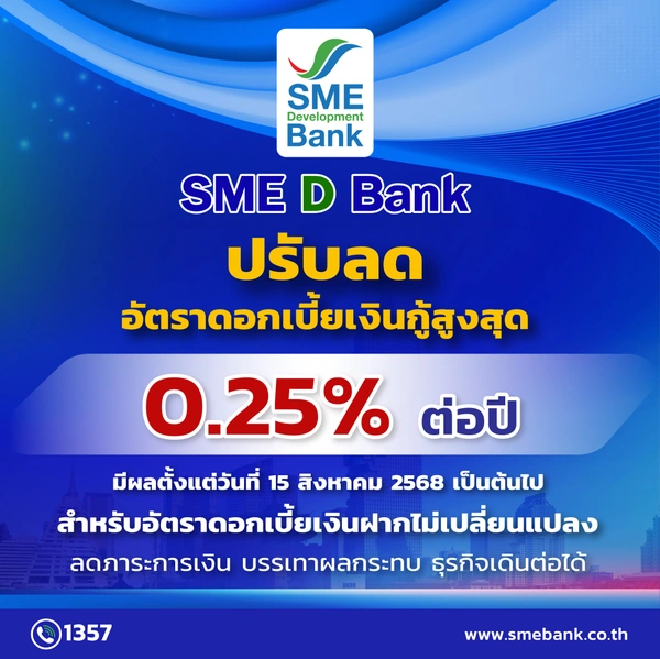 ธพว.ช่วย SME ลดอัตราดอกเบี้ยสูงสุด 0.25% ต่อปี  