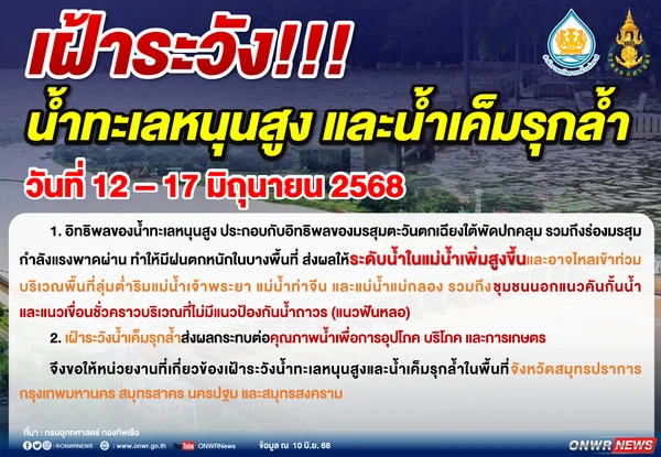 เตือนน้ำทะเลหนุนสูง 12-17 มิ.ย.68 กระทบ กทม.-ปริมณฑล 
