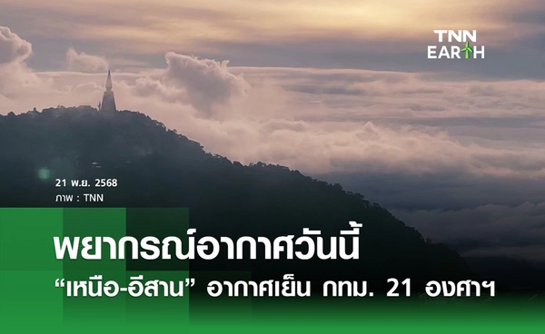 พยากรณ์อากาศวันนี้ 21 พฤศจิกายน 2568 “เหนือ-อีสาน” อากาศเย็นถึงหนาว กทม. 21 องศาฯ