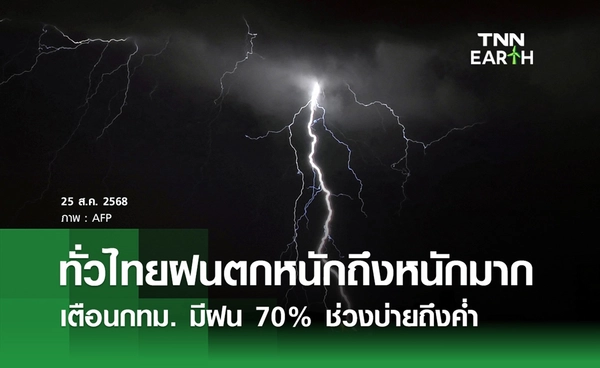 พยากรณ์อากาศวันนี้ 25 สิงหาคม 2568 ทั่วไทยระวังฝนตกหนักถึงหนักมาก กทม. มีฝน 70% ช่วงบ่ายถึงค่ำ