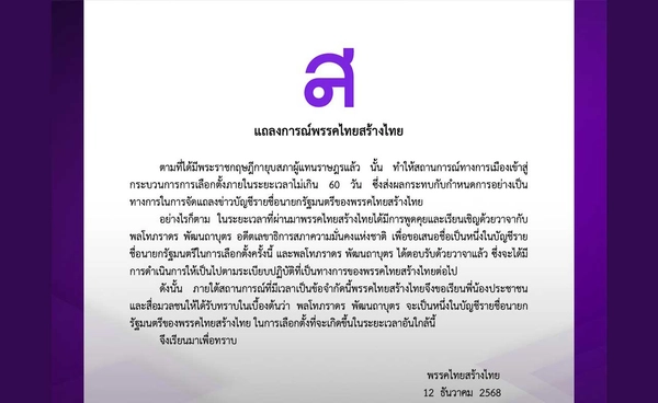 พรรคไทยสร้างไทย เสนอชื่อ “พลโทภราดร พัฒนถาบุตร” เป็นแคนดิเดตนายกรัฐมนตรี