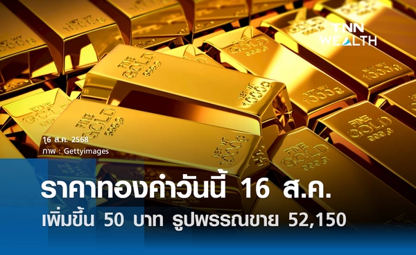 ราคาทองคำวันนี้ 16 ส.ค. 2568 ปรับเพิ่มขึ้น 50 บาท รูปพรรณขาย 52,150 บาท