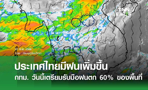 พยากรณ์อากาศวันนี้ 21 มิถุนายน 2568 ไทยมีฝนเพิ่มขึ้น กทม. ฝนตก 60% ของพื้นที่ 