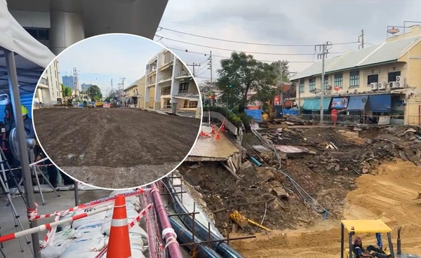 ถนนสามเสนทรุด! ล่าสุดถมดินเดินข้ามได้แล้ว ยังไม่กำหนดเปิดจราจร