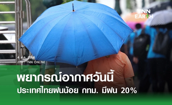 พยากรณ์อากาศวันนี้ 4 สิงหาคม 2568 ประเทศไทยมีฝนน้อย กทม. ฝนตก 20% ของพื้นที่