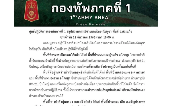 สรุปสถานการณ์ชายแดนไทย-กัมพูชา พื้นที่บ้านหนองหญ้าแก้ว สามารถยึดครองได้แล้ว 
