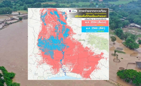 GISTDA เผยภาพดาวเทียม พื้นที่น้ำท่วม ปี 2568 น้อยกว่าปี 2554 กว่า 86%