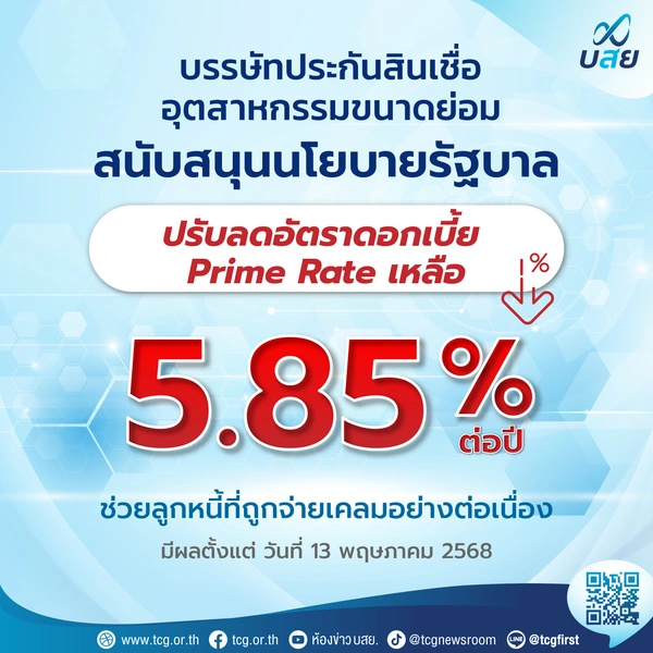 บสย. ประกาศลดดอกเบี้ย เหลือ 5.85% ต่อปี มีผล 13 พ.ค. นี้