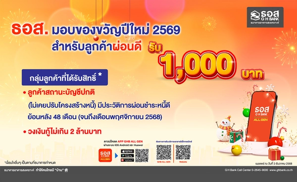 ลูกค้า เฮ! ธอส. มอบของขวัญปีใหม่ 2569 ผ่อนชำระดี รับเงิน 1,000 บาท