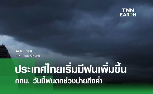 พยากรณ์อากาศวันนี้ 20 มิถุนายน 2568 ประเทศไทยเริ่มมีฝนเพิ่มขึ้น กทม. ฝนตกช่วงบ่ายถึงค่ำ