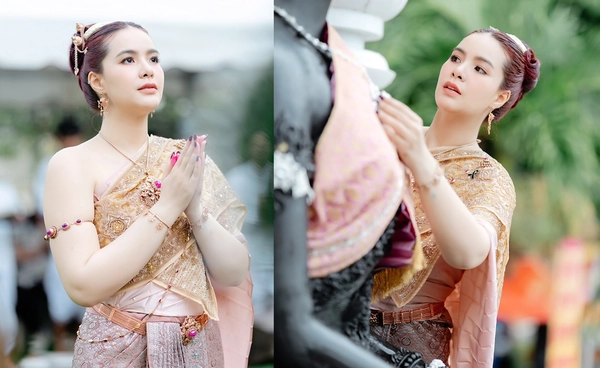 สวยประจักษ์ “มีนตรา อินทิรา” สวมชุดไทยบวงสรวง สมเด็จพระสุพรรณกัลยา