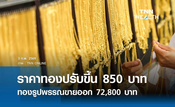 ราคาทองคำวันนี้ 3 ก.พ. 2569 เปิดตลาดปรับขึ้น 850 บาท รูปพรรณขายออก 72,800 บาท