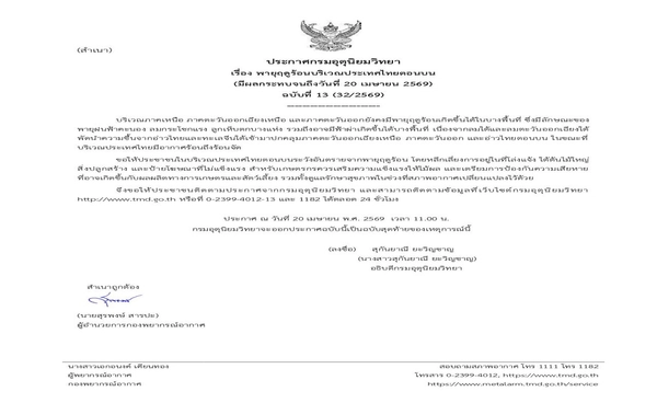 กรมอุตุฯ เตือนพายุฤดูร้อนรอบใหม่ 23-26 เม.ย. นี้