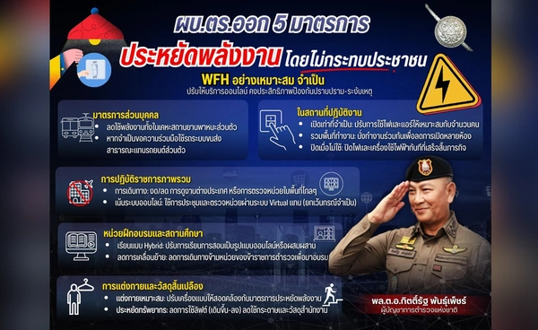 สตช. ออก 5 มาตรการประหยัดพลังงาน รับมือสงครามตะวันออกกลาง