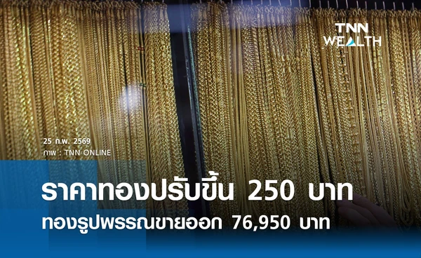 ราคาทองคำวันนี้ 25 ก.พ. 2569 เปิดตลาดปรับขึ้น 250 บาท รูปพรรณขายออก 76,950 บาท
