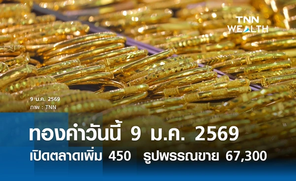 ราคาทองคำวันนี้ 9 ม.ค. 2569 เปิดตลาดเพิ่ม 450  รูปพรรณขายออก 67,300 บาท