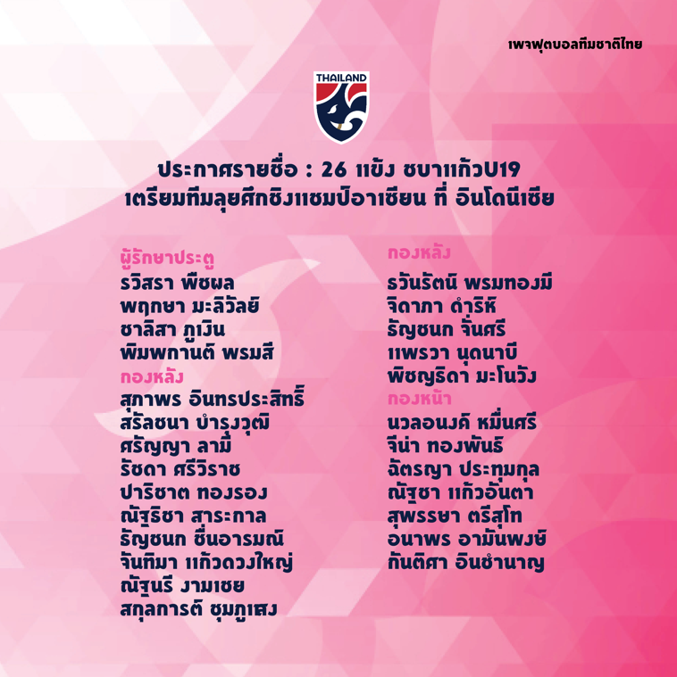 ประกาศรายชื่อ 26 นักเตะฟุตบอลหญิงทีมชาติไทย U19 ชุดทำศึกชิงแชมป์อาเซียน 2023