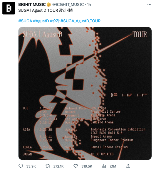 'ชูก้า BTS' ประกาศทัวร์เดี่ยว!! ในนาม Agust D ปักหมุดโชว์ไทย 10-11มิ.ย.นี้