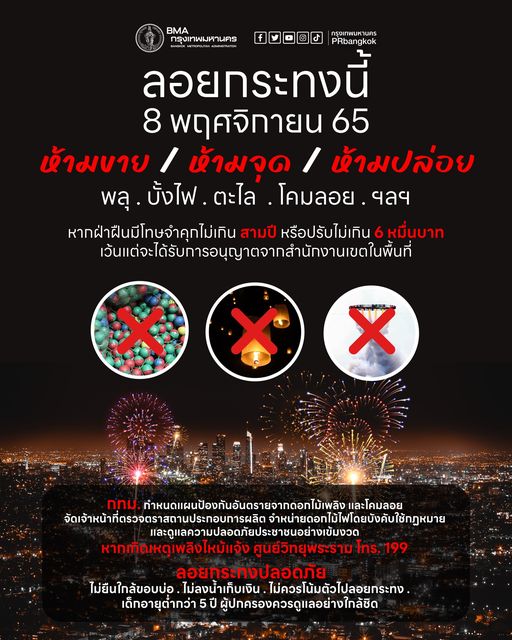 วันลอยกระทง 2565 กทม.ย้ำห้ามขาย-จุด-ปล่อย พลุ บั้งไฟ โคมลอย วันลอยกระทง 2565 กทม.ย้ำห้ามขาย-จุด-ปล่อย พลุ บั้งไฟ โคมลอย