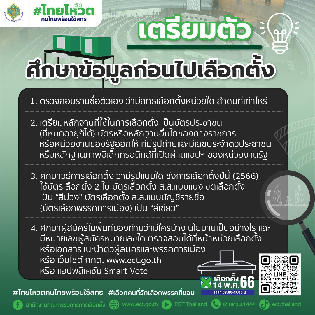 เลือกตั้ง 2566 ตรวจสอบอีกรอบ! ต้องรู้อะไรบ้างก่อนไปเลือกตั้ง 14 พฤษภาคม เลือกตั้ง 2566 ตรวจสอบอีกรอบ! ต้องรู้อะไรบ้างก่อนไปเลือกตั้ง 14 พฤษภาคม