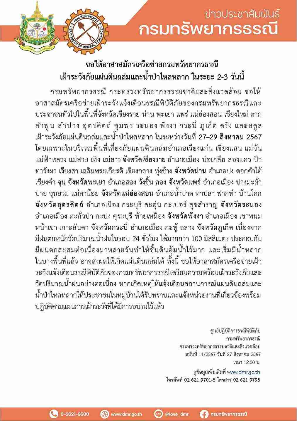 เตือน 17 จังหวัด! เฝ้าระวัง ดินถล่ม น้ำป่าไหลหลาก 27-29 สิงหาคม  
