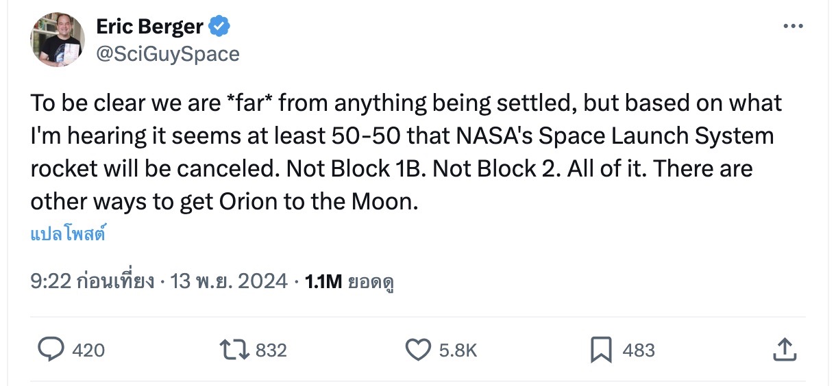 สื่อต่างประเทศลือ จรวดไปดวงจันทร์ของ NASA อาจถูกยกเลิก