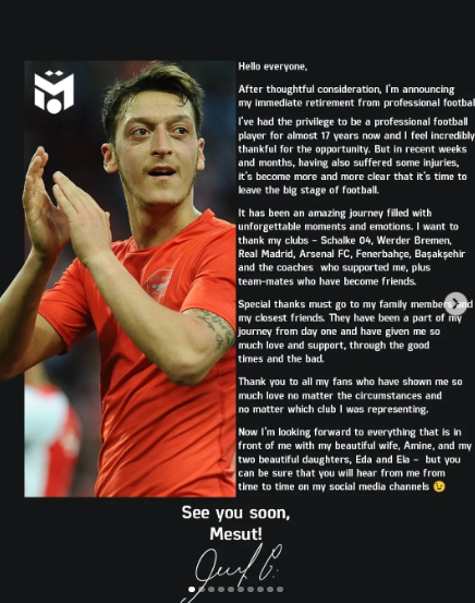 'เมซุต โอซิล' อดีตจอมทัพทีมชาติเยอรมันประกาศแขวนสตั๊ดในวัย 34 ปี