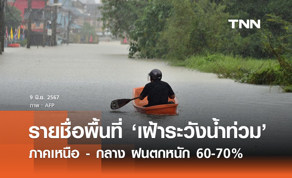 เปิดรายชื่อพื้นที่ ‘เฝ้าระวังน้ำท่วม’ ภาคเหนือ - กลาง เตือนฝนตกหนัก 60 - 70%