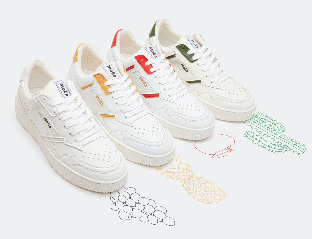 MoEa รองเท้าผ้าใบที่ทำขึ้นจาก แอปเปิล สับปะรด องุ่น ข้าวโพด ไปจนถึงกระบองเพชร MoEa รองเท้าผ้าใบที่ทำขึ้นจาก แอปเปิล สับปะรด องุ่น ข้าวโพด ไปจนถึงกระบองเพชร
