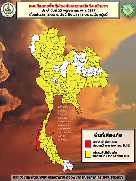 เปิดรายชื่อจังหวัด ‘ฝนตกหนัก’ เตือนภัยสีแดง - สีเหลือง ระวังน้ำท่วม น้ำป่าหลาก