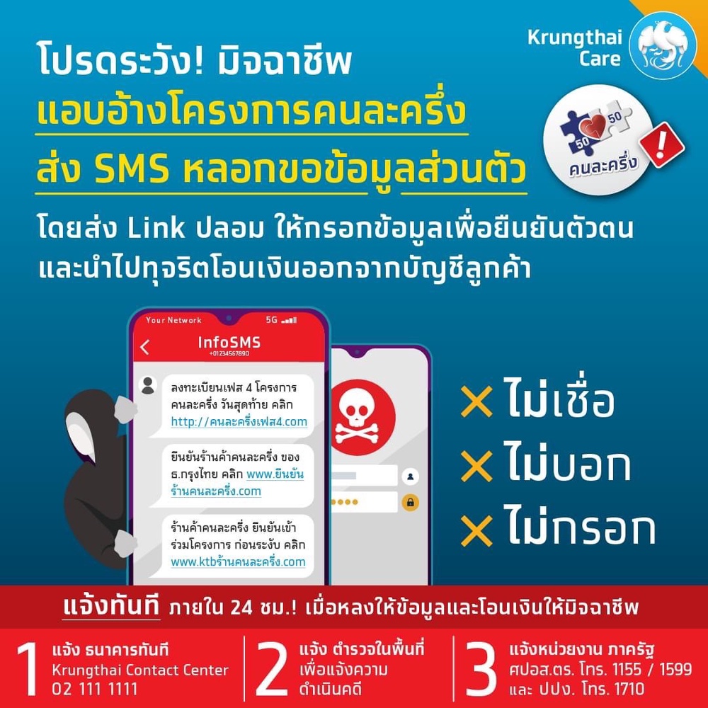 เตือนมิจฉาชีพอ้าง ‘คนละครึ่ง’ ส่ง SMS ดูดเงิน แนะ 3 ทริคไม่ตกเป็นเหยื่อ