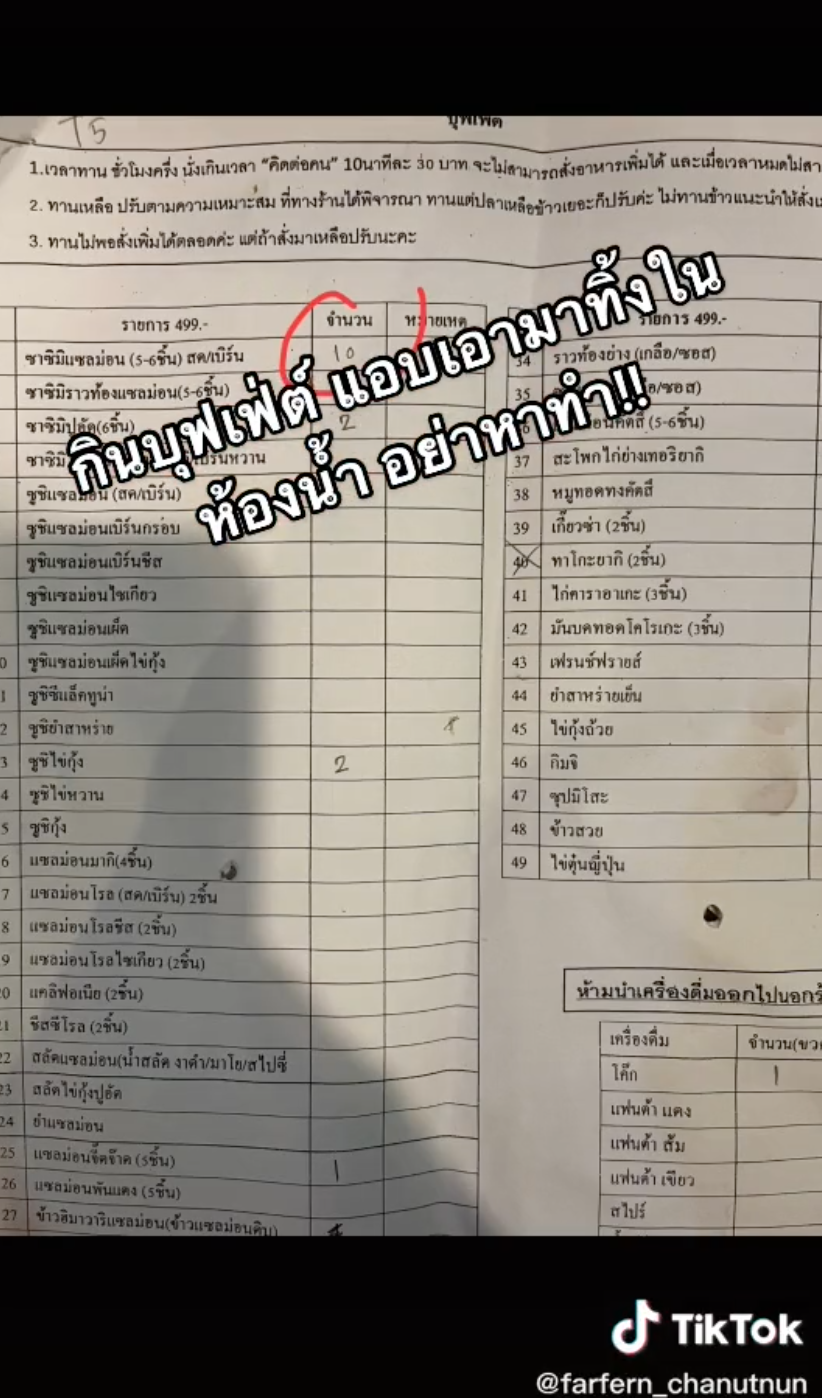 ร้านบุฟเฟ่ต์สุดช้ำ!ลูกค้ากระหน่ำสั่งแซลมอน-ทูน่าสุดท้ายแอบเอาไปทิ้งในห้องน้ำ