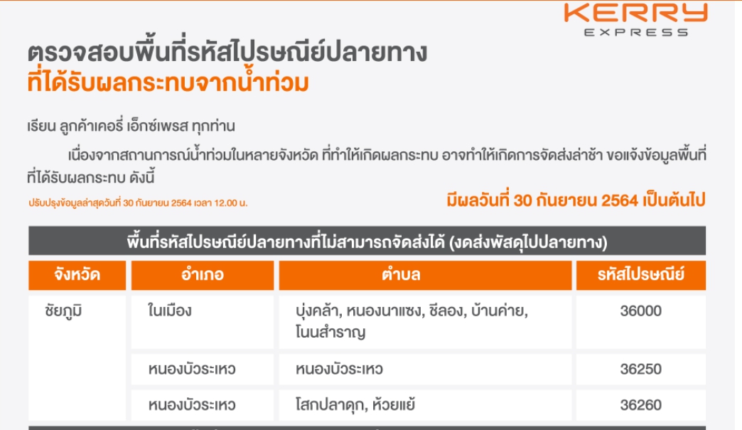 น้ำท่วมหนัก ! เคอรี่ เอ็กซ์เพรสแจ้งลูกค้าส่งพัสดุล่าช้า