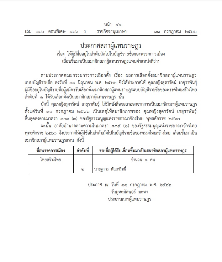 ราชกิจจานุเบกษา เผยแพร่ประกาศเลื่อนลำดับ ส.ส. แทนตำแหน่งที่ว่าง
