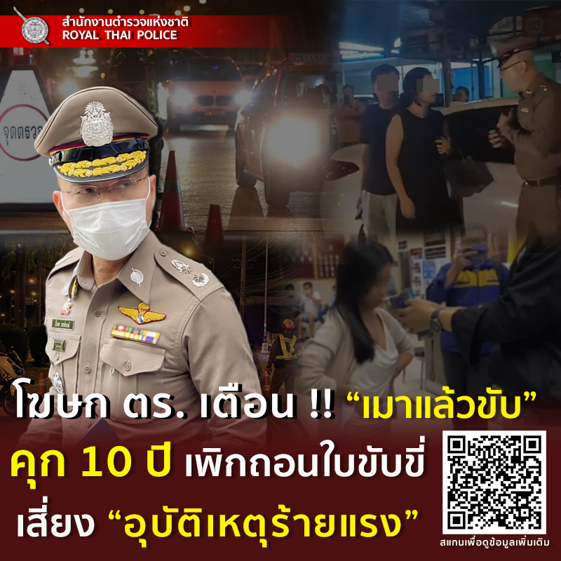 เช็กโทษ! เมาแล้วขับ ติดคุก 10 ปี พร้อมเพิกถอนใบขับขี่ 