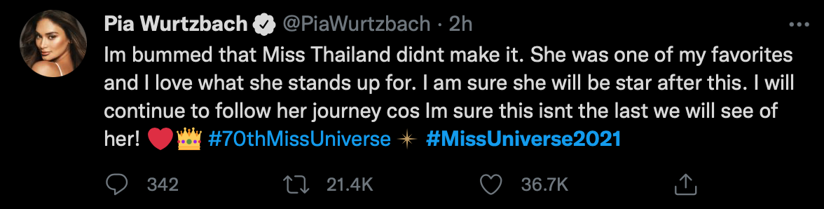 จากใจนางงามจักรวาลรุ่นพี่ ‘เปีย อลอนโซ่’ เศร้าแอนชิลี ไม่เข้ารอบ Miss Universe 2021