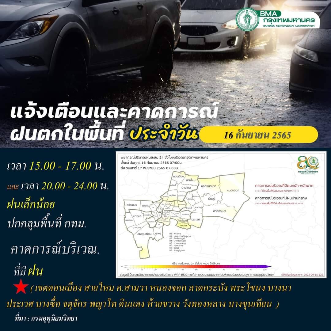 สภาพอากาศกทม.เตือนฝนตก 15.00 น. เช็กรายชื่อเขตได้ที่นี่ 