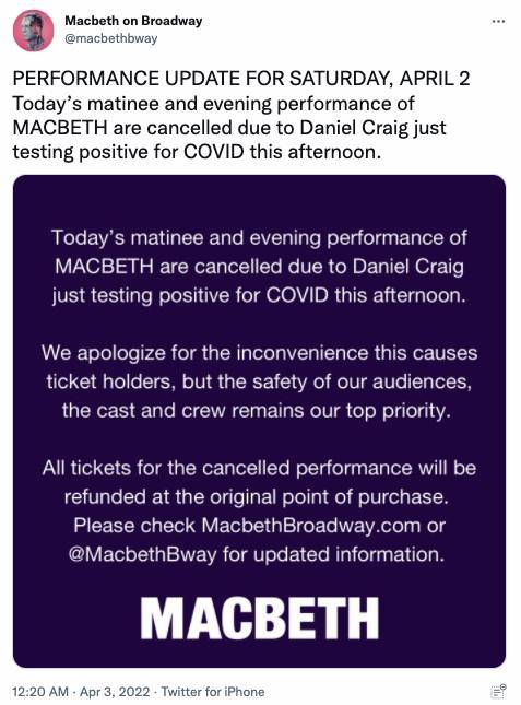 ติดโควิด!! ’แดเนียล เคร็ก’ พระเอก ‘เจมส์ บอนด์’ พักโชว์บรอดเวย์เรื่อง Macbeth