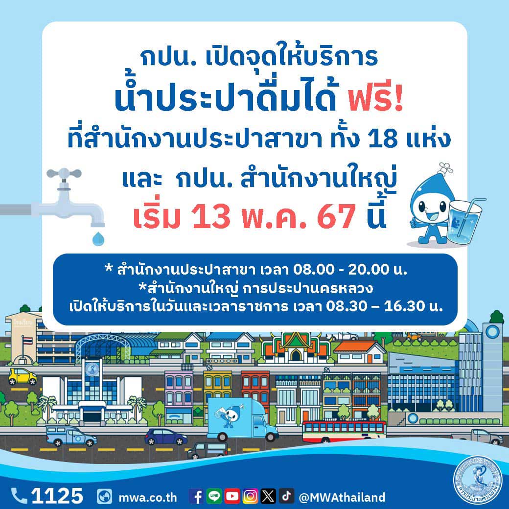 เริ่ม 13 พฤษภาคม 2567 กปน. เปิดจุดให้บริการน้ำประปาดื่มได้ฟรี ทุกวัน ไม่เว้นวันหยุด